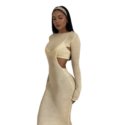 

2021 Women Sexy Knitted Tank Top With Long Sleeve Backless Knitted Casual Dresses 2 Piece Set Fall Women Clothes, As pictures shown