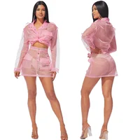 

2019 summer sexy mesh perspective turn down collar front chest pocket button club two piece sets for women