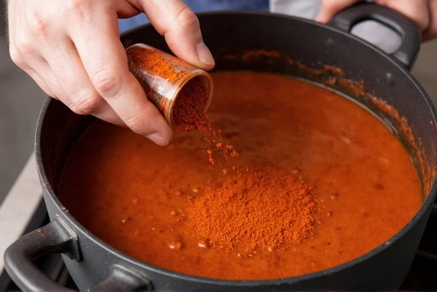 Chef's hand adding smoked paprika to a pot of simmering chili as chipotle pepper replacement