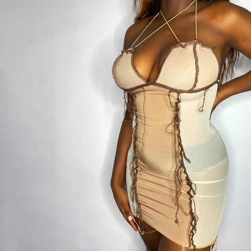 

Sexy Contrast Stitch Sheer Mesh Dresses for Women 2021 Spaghetti Strap Backless Bodycon Mini Dress