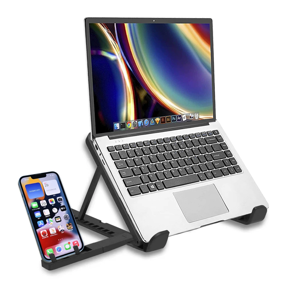 

Multi Angles height Adjustable ABS Ergonomic Folding notebook computer laptop stand with phone holder for office home