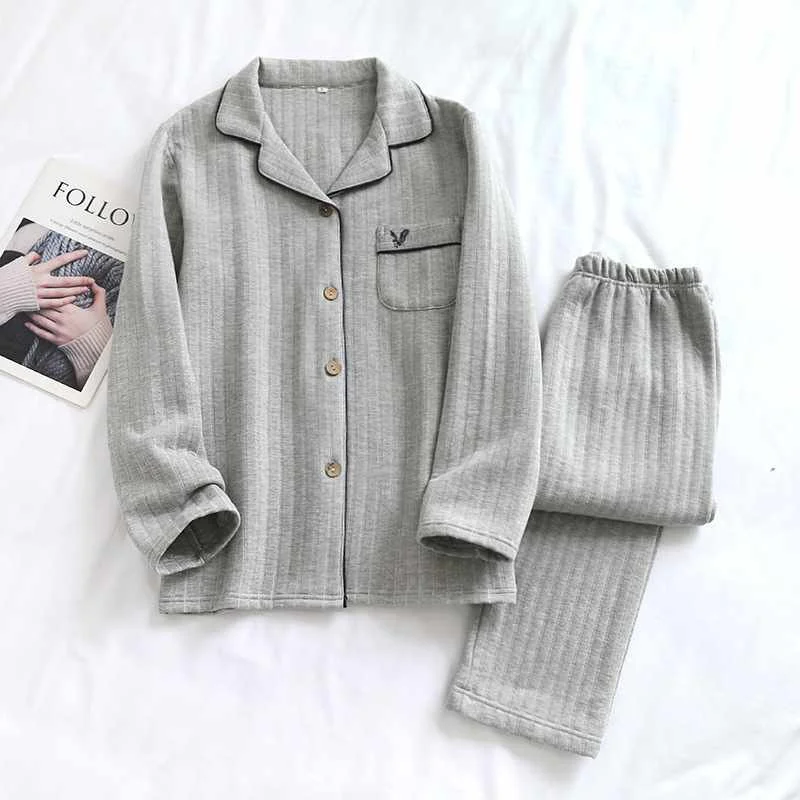 

Men's sleepwear set autumn and winter long-sleeved knitted cotton home clothes warm thick striped plaid simple plus size sleepwe, Required