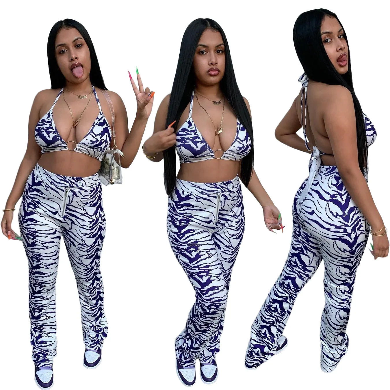 

N2783 2021 New Arrivals Summer 2 Piece Set Women Lounge Set Fashion Sexy Cow Print Crop Top Bra Pants Zip Up Woman Suit