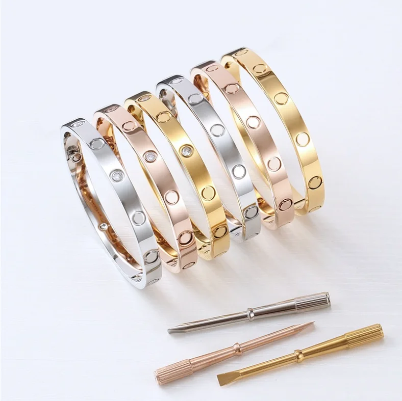 

18k Titanium 316L stainless steel Couple SCREW Crystal Classical Design Oval Women's Jewelry Zircon Fashion pulsera Gold Bangle, Silver/gold/rose gold/black