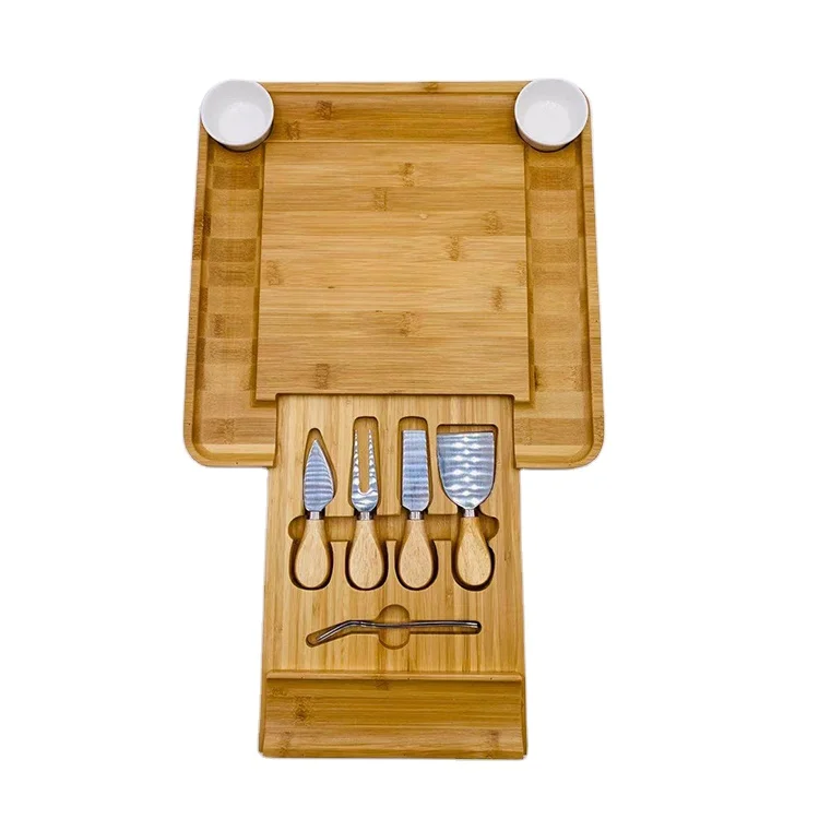 

Free Logo Cheese Boards Bamboo Cheese Board Set And Meat Serving Platter With 2 Removable Ceramic Bowls And Knife Set In Slide, Natural bamboo color