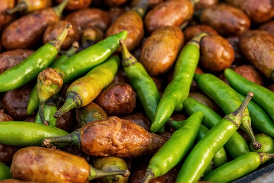 Roasting fresh Hatch green chilies and tomatillos over open flame