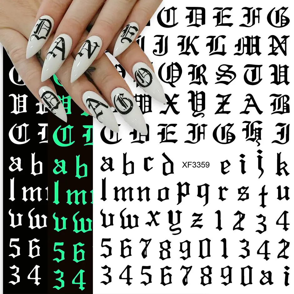 

2021 Hot Design Laser English Letters Sticker 3D nail art sticker Black and white luminous numbers applique DIY Nail Decoration, Aurora colorful