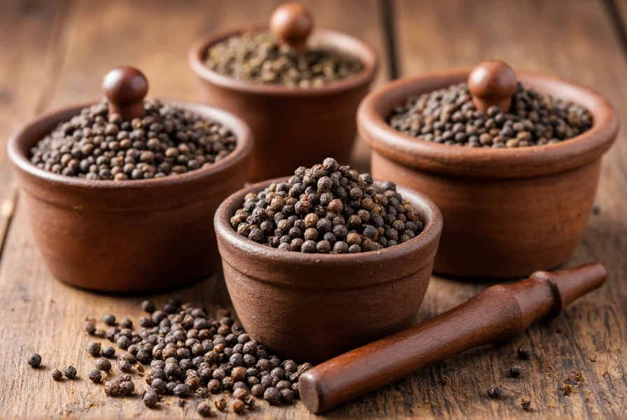 Black peppercorns in traditional Indian spice containers with grinding tool