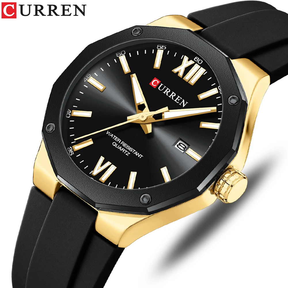 CURREN 8465 Black Gold Watches for Men Waterproof Silicone Strap Sport Quartz Watches Fashion Bracelet Man Luxury Wristwatches
