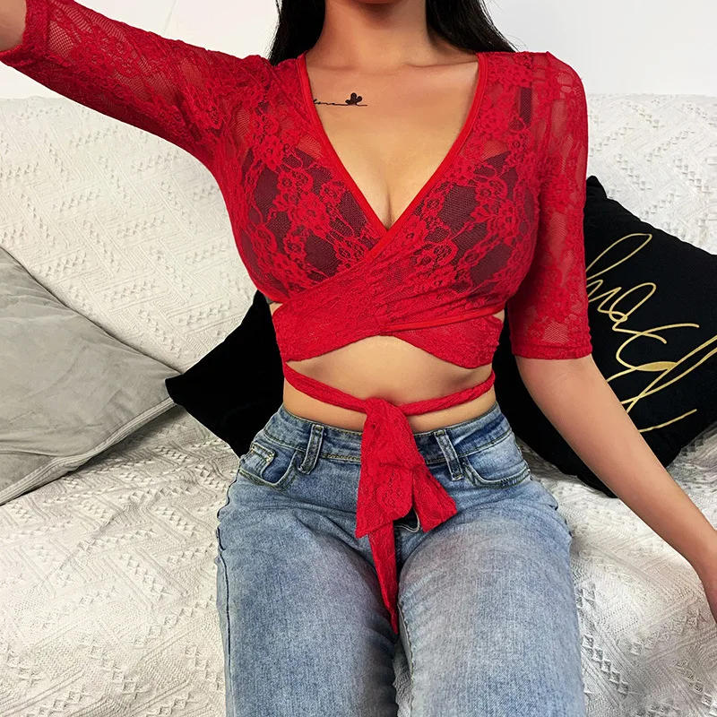 

2020 new arrivals summer deep V neck lace fabric waist tie women fashion crop top