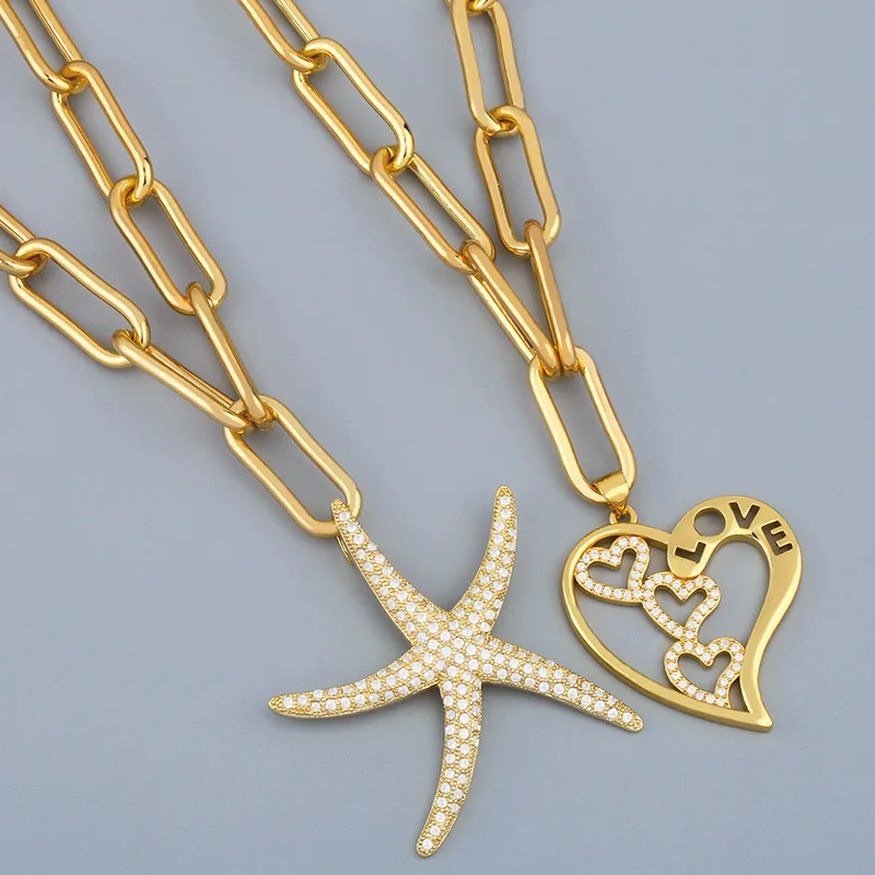 

2021 New Arrival Chic Curb Chain Heart Pendant Necklace Jewelry Gold Plated Punk Link Chain Star Heart Pendant Necklace