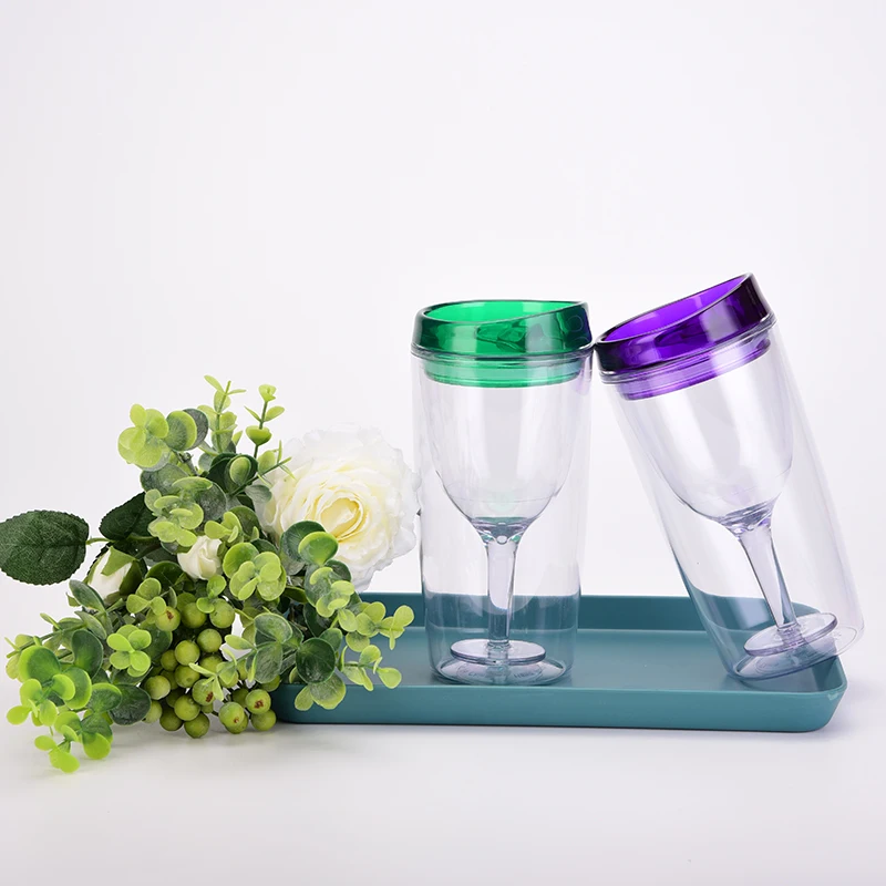 

wholesale 10 oz double wall steamless plastic wine glass tumbler with lid for party unbreakble outdoor creative beer mugs, Customized colors acceptable
