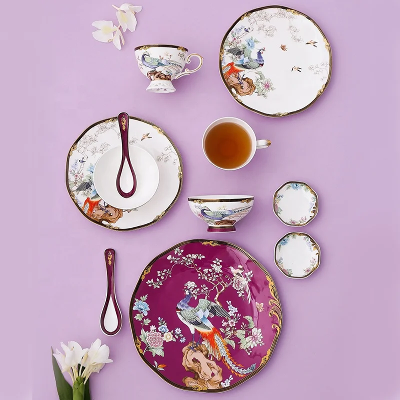

Chinese Bone Tableware Set New Year Housewarming Gift Bowls Plates Dish Spoon Cup Mug Boxed, White/purple/blue