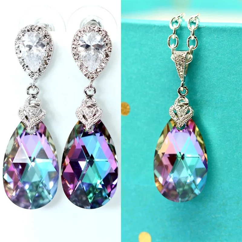 

New Trendy Women's Colorful Water Drop Cubic Zircon Pendant and earring Fashion Accessories for Party Luxury Jewelry, Customized color