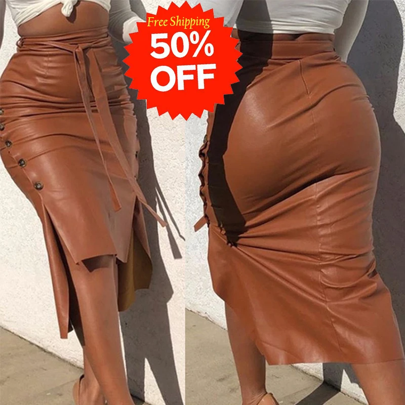 

Free Shipping Mid-Length Tight Drape Side Split Hem PU Leather Skirt