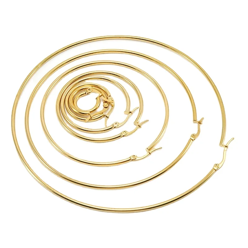 

Simple Hoop Design 18K Gold Plated Stainless Steel 15mm 25mm 35mm 45mm 55mm 65mm 75mm 85mm Multi Sizes Hoop Earrings For Women