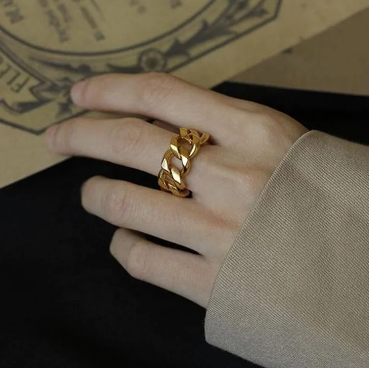 

Trendy Women Stainless Steel Statement Minimalist Rings Gold Plated Chunky Cuban Link Chain Rings, Gold, rose gold, steel, black etc.