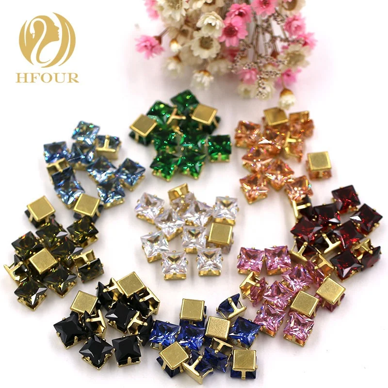 

High Quality Square Zircon Rhinestones With Gold Claw setting, Multiple
