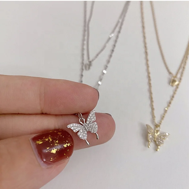 

Trendy diamond double layered necklace 925 sterling silver gifts women butterfly necklace