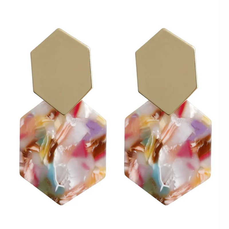 

Bohemian Fashion New Hexagonal Geometric Acrylic Pendant Acetate Long Wedding Jewelry Drop Stud Earrings For Women, 7 colors