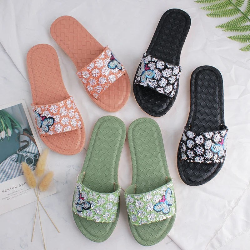 

New arrival hot sale Open-toed women's slippers Slides Indoor Outdoor flat rhinestone sandals Beach Slippers For Women, Orange/black/green