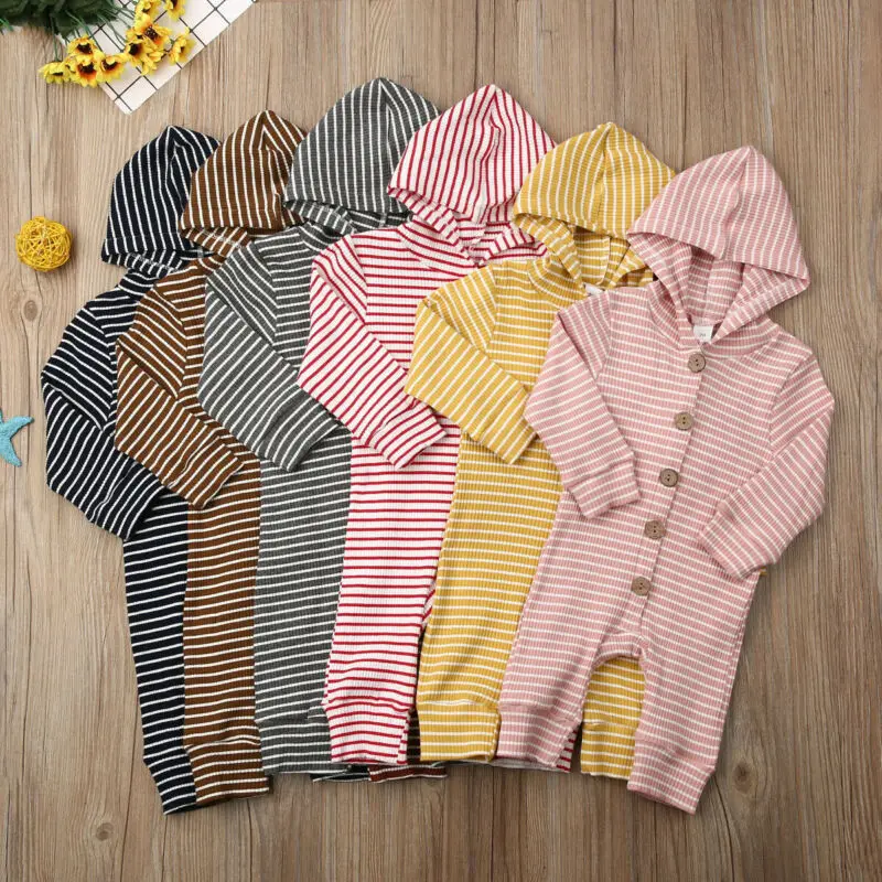

Autumn Baby Hooded Rompers Clothes knitted Warmer Girls Boys Bodysuit Long Sleeve Cotton Striped Jumpsuits Unisex Clothing M388