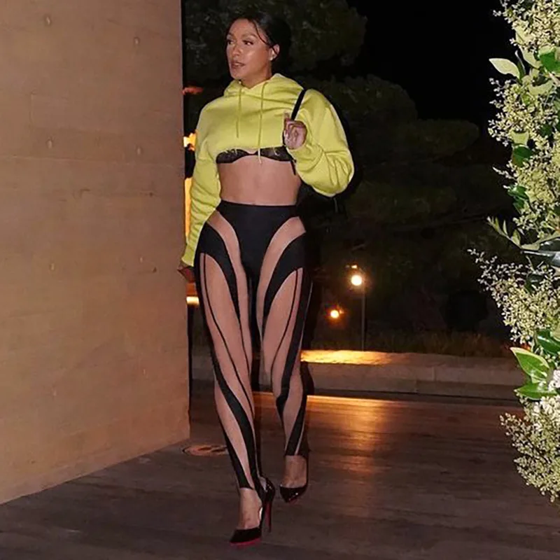 

Hot Sale Ladies Women Sexy Mesh Sheer See Through Striped Leggings Pants High Waist Bodycon Black Slim Legging Pants Trousers