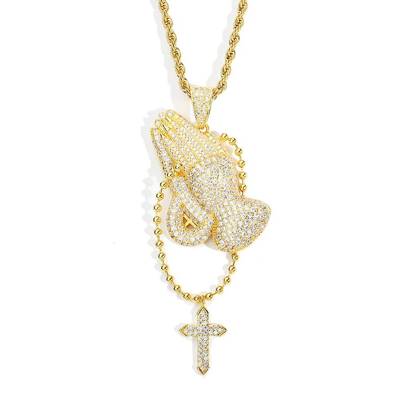 

Trend Brass Iced Out Bling Cubic Zircon Praying Hands Cross Pendant & Necklace For Men Tennis Chain Jewelry