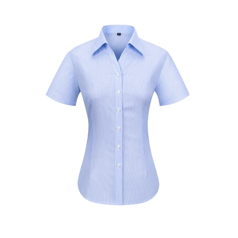 

RTS 100% Cotton Women's Blue White Striped Poplin Business Shirt Short Sleeve Non Iron v-neck Dress Shirt For Women