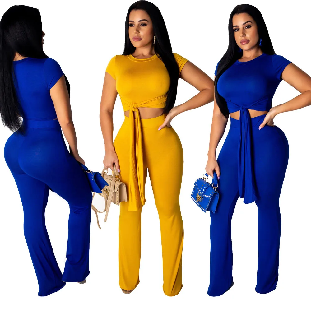 
YHYM8361 fashion short sleeve crop top and wide leg pants women matching two piece set 