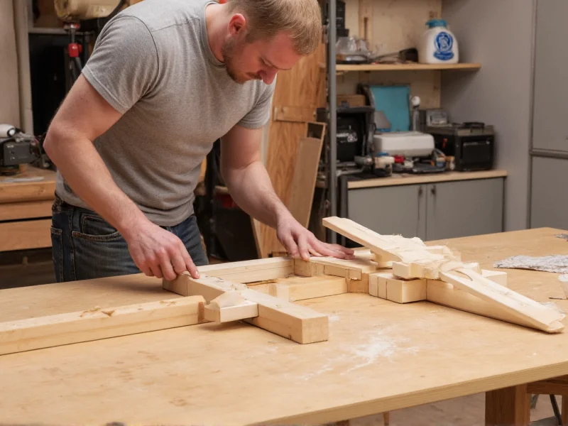 Woodworker assembling crafting table frame with proper joinery