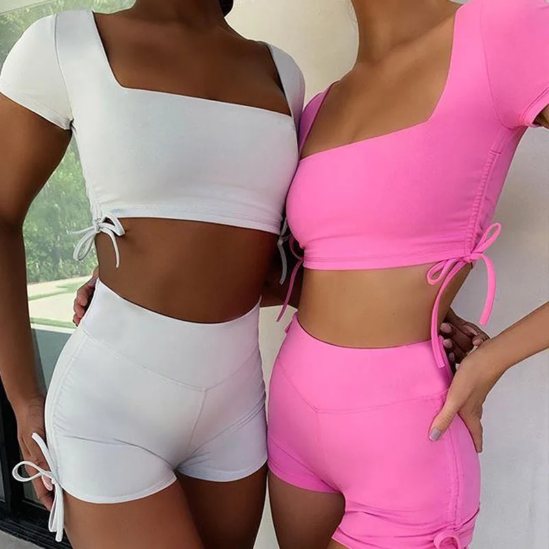 

Women Fitness Activewear Explosive Style Women's Square Neck Short Sleeve Pad Tops Set Sexy Sports Bandaged Shorts Suit, Picture show