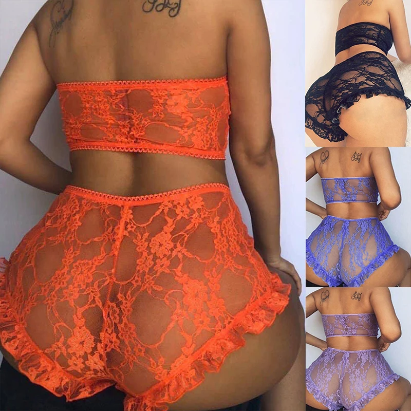 

Hot Selling Factory Price 4 Colors Floral Lace Sheer Mesh Transparent Bra and Panty Sexy Two Piece Lingerie Sets