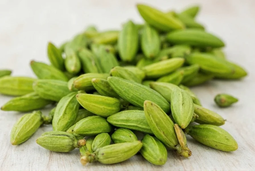 Close-up of green cardamom pods next to freshly ground powder showing color difference and texture