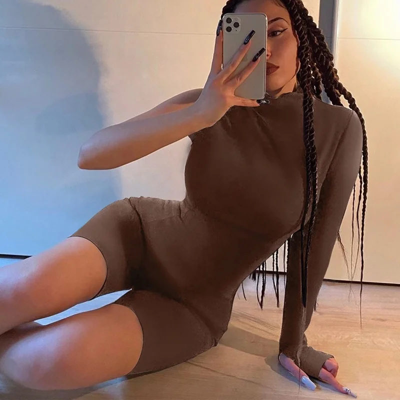 

XLL Fashion 2021 summer one sleeve with finger cover brown sexy one piece short romper women 2021 jumpsuit, As picture or customized color