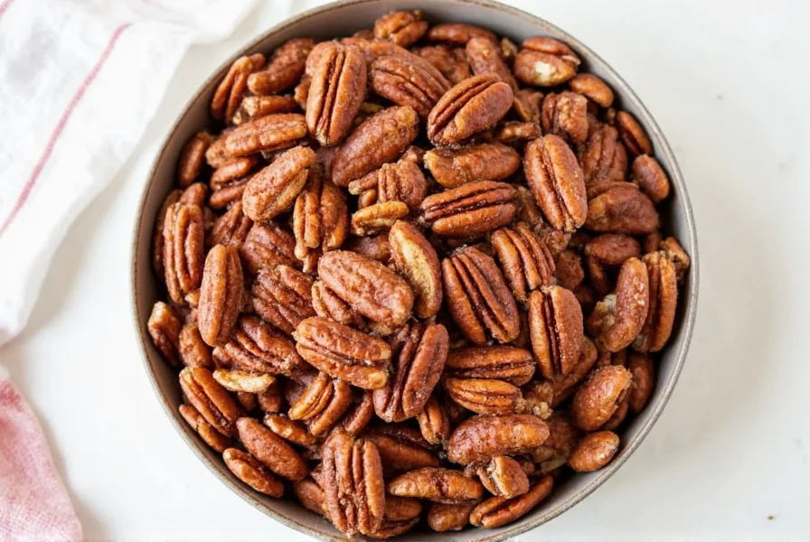 Close-up of golden brown cinnamon sugar pecans cooling on parchment paper with visible sugar crystallization