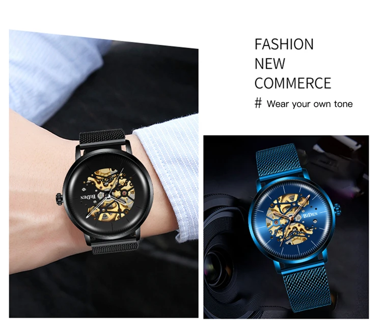 BIDEN 0052 Luxury Blue Mens Mechanical Watch 2025 Mesh Strap Hollow Dials Decoration Vintage Skeleton Automatic Wrist Watch