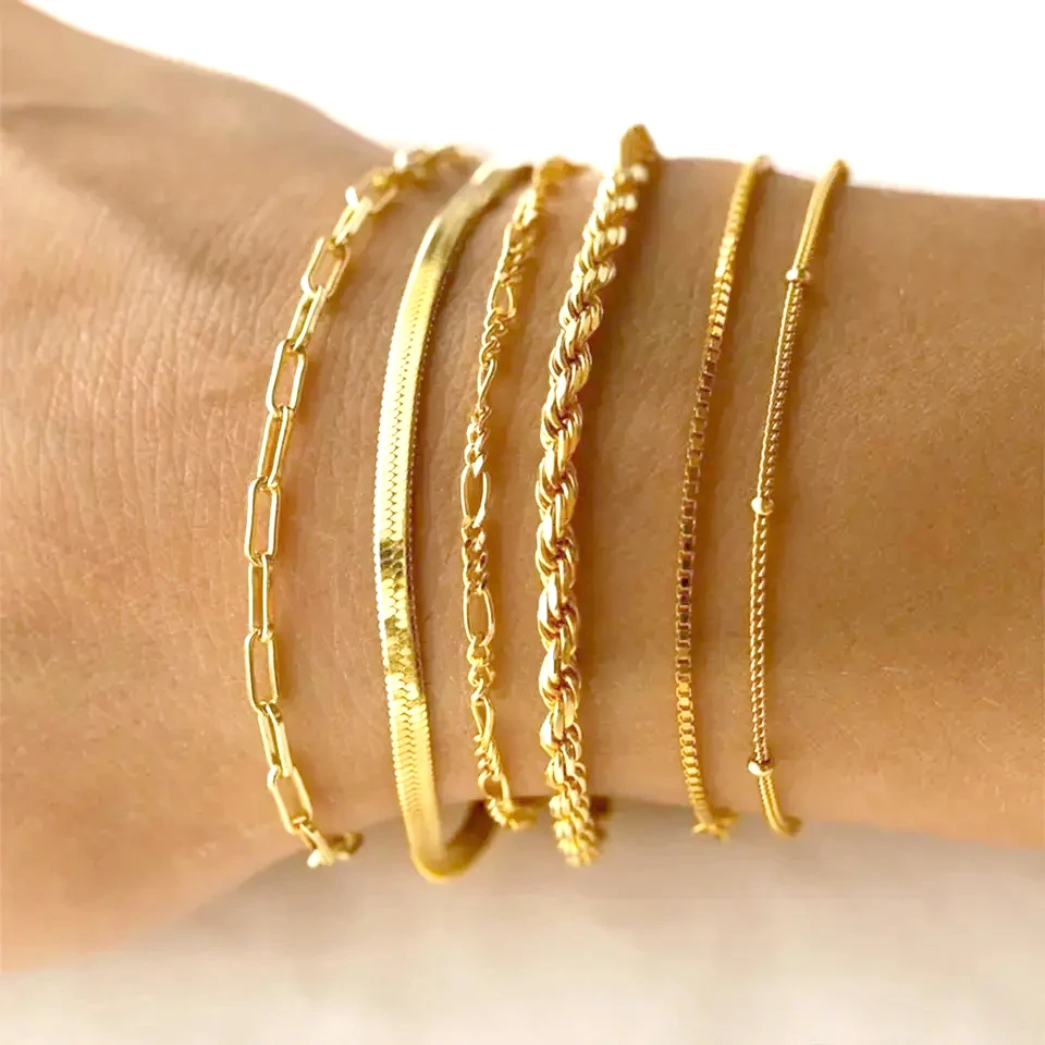 

Minimalist 18k gold Stainless Steel Cuban Chain Beaded Bracelet Women Adjustable Twisted Snake Paper Clip Bracelet For Gift