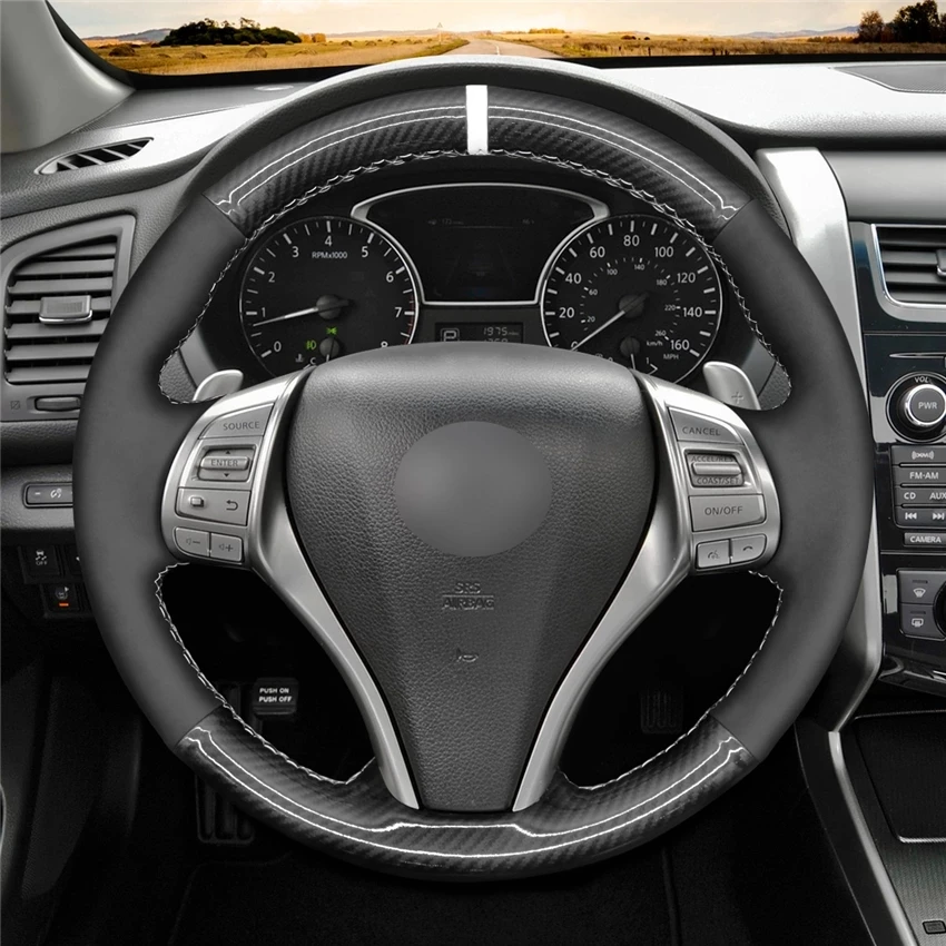

Wholesale Black Suede PU Carbon Fiber Steering Wheel Cover for Nissan Qashqai X-Trail Teana Altima Sentra 2014-2017 Tiida Navara