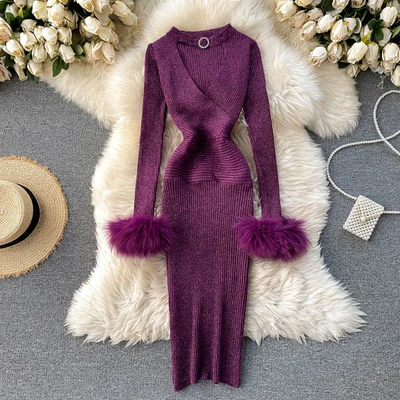 

Latest Design Autumn Winter Women Fashion V Neck Sequined Knitted Dress