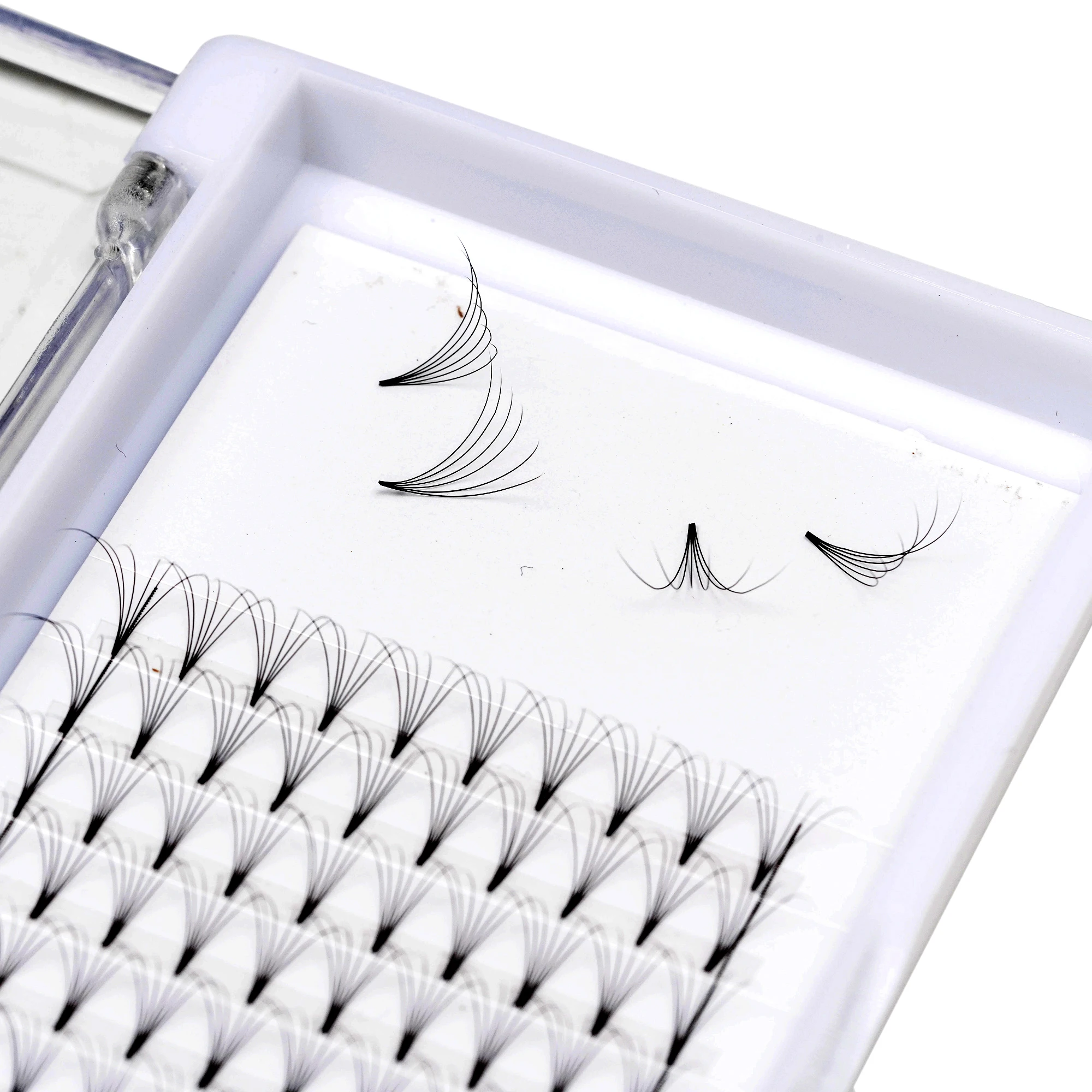 

wholesale well stocked 07 10D C D curl short stem pointy base loose premade volume fans eyelash extension with XL trays, Natural black