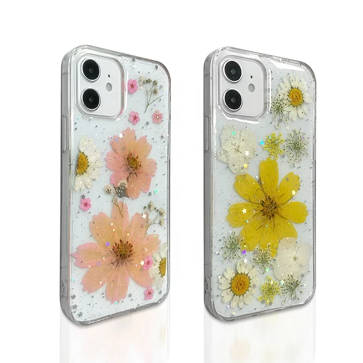 

High quality epoxy pressed real flowers glitter bling phone case clear soft tpu back cover for Iphone 11/12 pro max