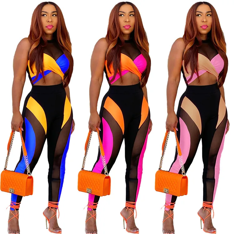 

2022 Women Sexy Colorful Patchwork See Through Mesh Two Piece Set Summer Sleeveless Crop Tops Long Pants Club Wear, Picture color