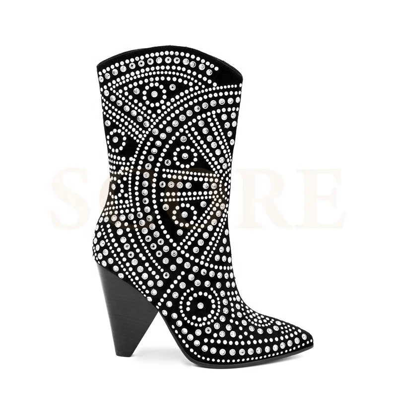 

2021 hot sale pointed toe women side zipper cowboy booties delta italian studded boots