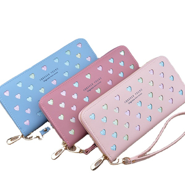 

2021 Wholesale Cheap Fashion Stylish Women PU Leather Simple Zipper Long Girls Heart Cute Coin Purse Designers Card Wallet Women, Black blue pink gray purple