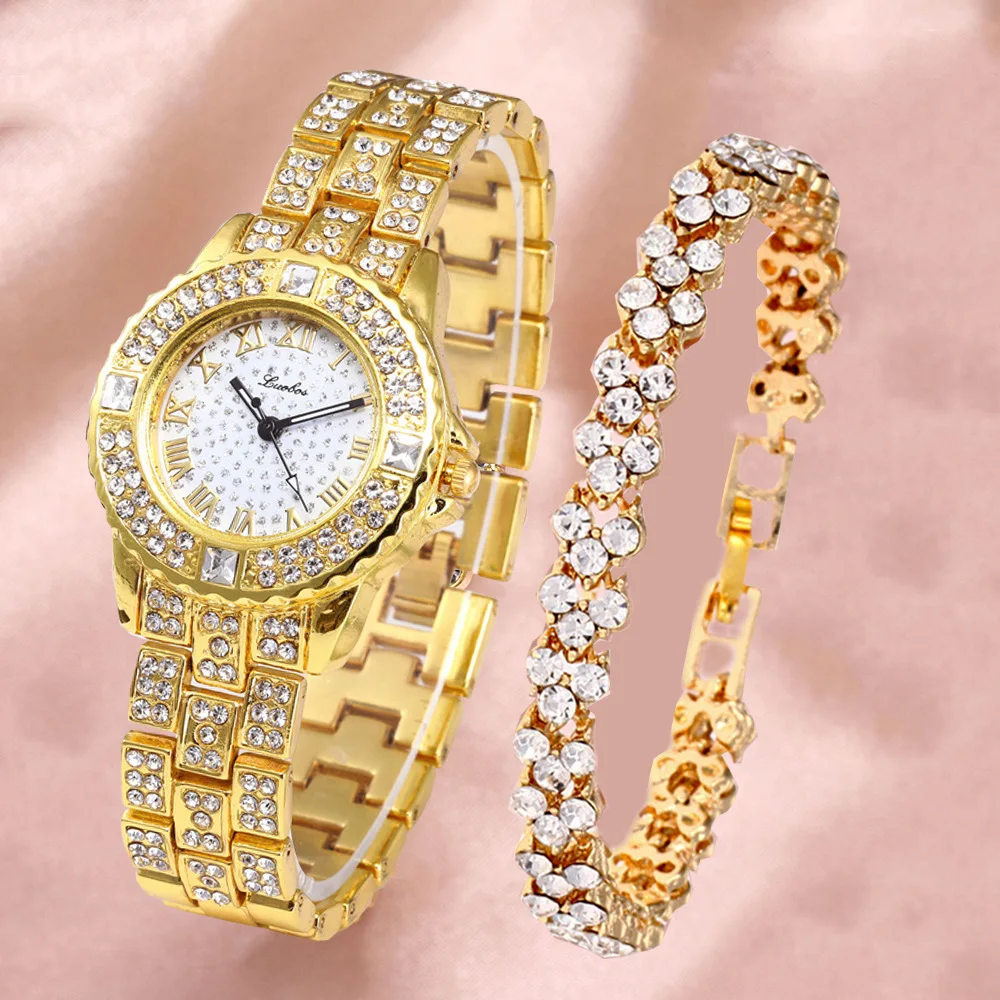 

Manufacturer Fashion Gift Ladies Full Diamond Watch Set Stainless Steel Gold Color Wristwatches Watch And Bracelet Set