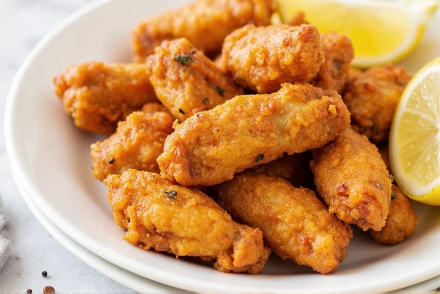 Crispy golden lemon pepper buffalo wings on white plate with lemon wedges and fresh cracked pepper