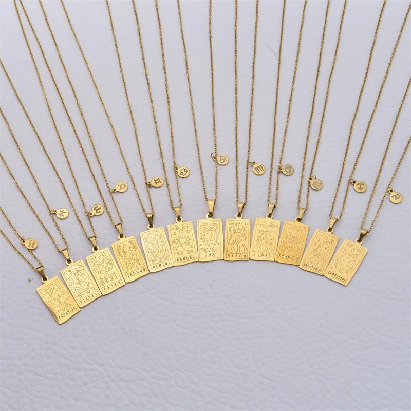 

Stainless Steel collier zodiaque collier serrage inox 316 bijoux en or Gold Square Engraved 12 Zodiac Sign Necklaces for Women