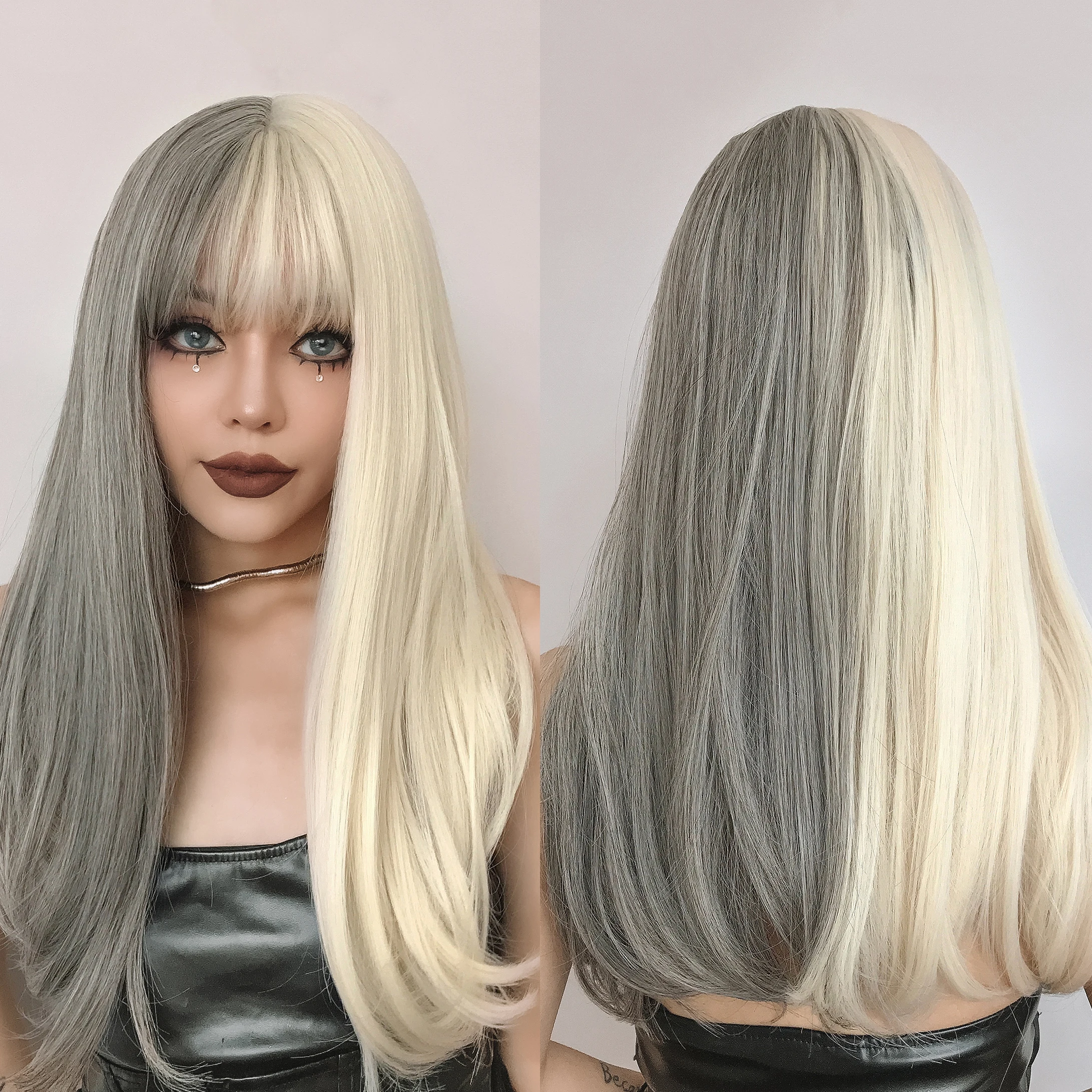 Gray Gold Half Wig Straight Hair with Bangs Women Heat Resistant Fiber Matte Durable Real Scene Photo