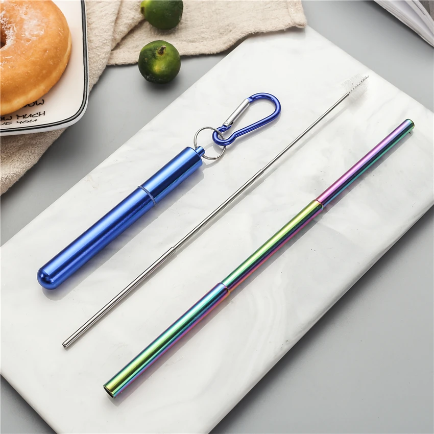 

Portable Telescopic Stainless Steel Collapsible Straw With Case Brush Set, Silver/blue/red/black/rose gold/gold